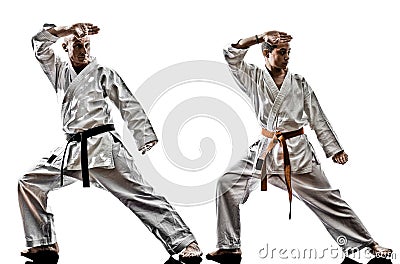 Karate men teenager students teacher teaching Stock Photo