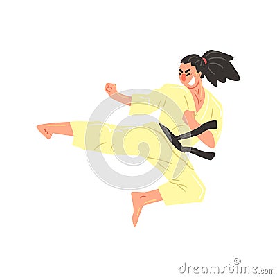 Karate Professional Fighter In Kimono With Black Belt Kicking While Jumping Cool Cartoon Character Vector Illustration