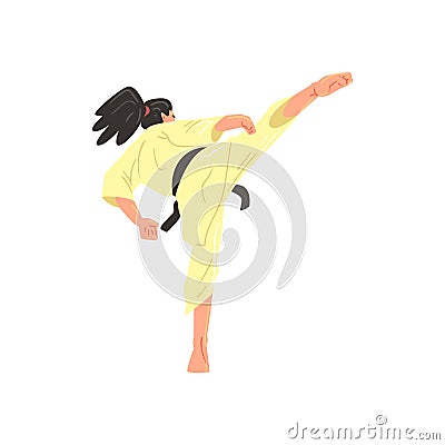 Karate Professional Fighter In Kimono With Black Doing Leg Sidekick Belt Cool Cartoon Character Vector Illustration