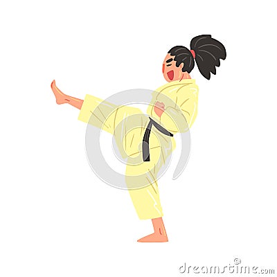 Karate Professional Fighter In Kimono Kicking With Leg Black Belt Cool Cartoon Character Vector Illustration