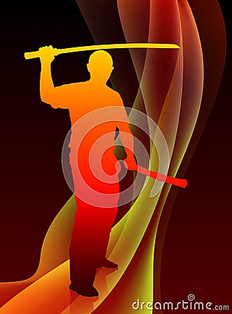 Karate Sensei with Sword on Abstract Blaze Wave Background Stock Photo