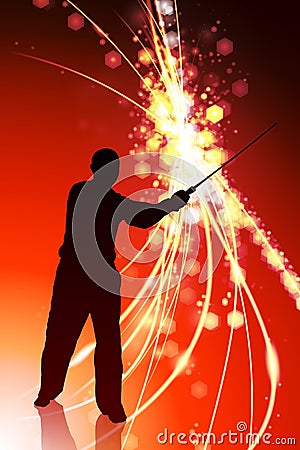 Karate Sensei with Sword on Abstract Light Background Stock Photo