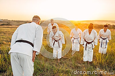 Karate team on training with master in field Stock Photo