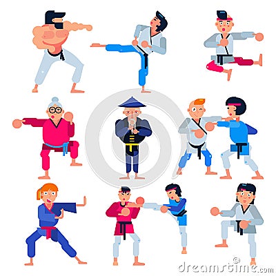 Karate vector martial karate-do character training attack illustration set of man or woman and elderly people in Vector Illustration