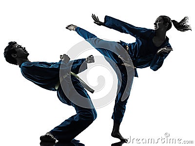 Karate vietvodao martial arts man woman couple silhouette Stock Photo