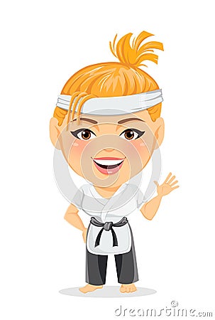 Karate woman in kimono. Smiling funny cartoon character with big head making hello gesture. Vector Illustration
