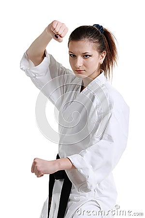 Karate. Young girl in a kimono Stock Photo