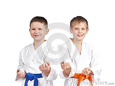 In karategi two athletes doing karate technique Stock Photo