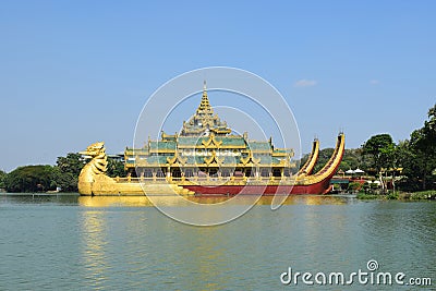 Karaweik temple in Kandawgyi lake, Yangon, Myanmar Stock Photo