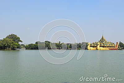 Karaweik temple in Kandawgyi lake, Yangon, Myanmar Stock Photo