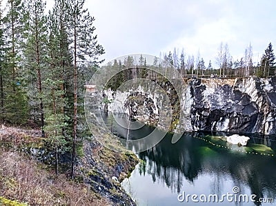 Karelia, ruskeala, rocks, lake, mountain landscape, pines, firs, trees, autumn landscape, water, reflection, nature Stock Photo