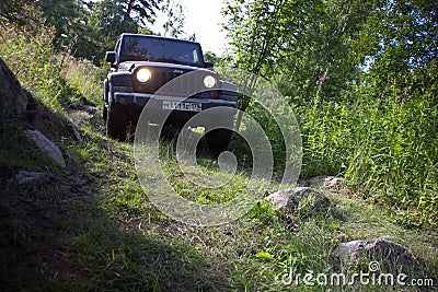 Karelia, Russia, August 18, 2015: Journey to the Jeep Wrangler unlimited Sahara for Karelia. Wrangler is a compact four wheel Editorial Stock Photo