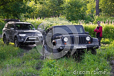 Karelia, Russia, August 18, 2015: Journey to the Jeep Wrangler unlimited Sahara for Karelia. Wrangler is a compact four wheel Editorial Stock Photo