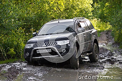 Karelia, Russia, August 18, 2015: off-road expedition for Mitsubishi Pajero Sport in Karelia. Mitsubishi Pajero Sport is a compact Editorial Stock Photo