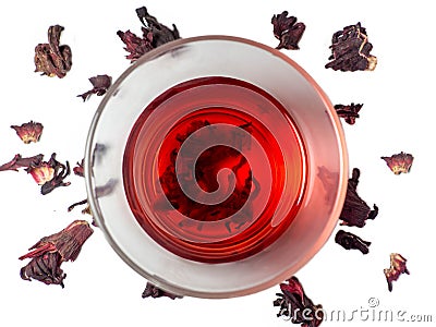 Karkade. Tea drink in a glass. Red liquid in a glass Stock Photo