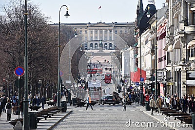 Karl Johans gate is the main street of the city of Oslo, Norway. Editorial Stock Photo