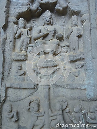 Karla Caves Chaityagriha, Sanctum Sanctorum, Budha Sculpture flanked by other dieties in Front Veran Stock Photo