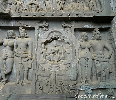 Karla Caves Chaityagriha, Sanctum Sanctorum, Budha Sculpture flanked by other dieties in Front Veran Stock Photo