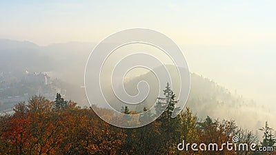 Karlovy Vary immersed in sunny thick fog Stock Photo