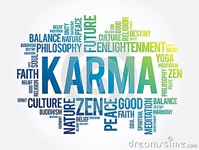 Karma word cloud collage, religion concept background Stock Photo