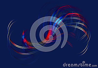 Bright iridescent twisted wavy lines intersect in the shape of a fan on a dark blue background Stock Photo