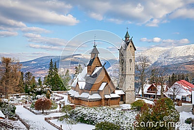 Karpacz, Poland. View of Wang Church Kosciol Wang in winter Stock Photo