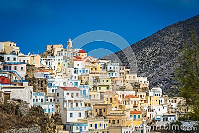 Hillside colorful homes in the old tradition village Olympos Stock Photo