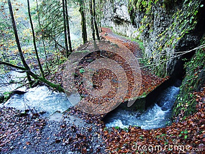 Karst spring Blaue Brunnen next to Lake Klontalersee in the valley of Klontal Stock Photo