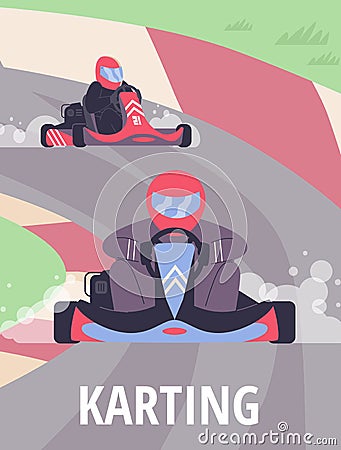 Karting competition scene, poster template with text, flat vector illustration. Vector Illustration