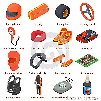 Karting equipment icons set, isometric style Vector Illustration