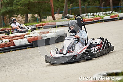 Karting. motorsport road racing with open-wheel four wheeled vehicles at go-karts Stock Photo