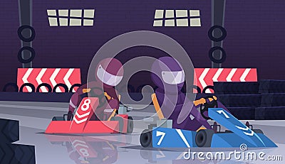 Karting sport competition. Racers in helmet in fast cars on speed track vector cartoon background Vector Illustration