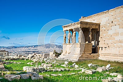 Karyatides statues, Erehtheio, on the Acropolis in Athens. Stock Photo