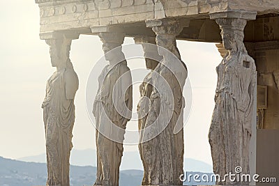 The Karyatides statues inside acropolis of Athens Stock Photo