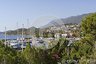 Kash, Turkey - November 29, 2022: View of the panorama of the Turkish city of Kas from above. Tourist attractions of Editorial Stock Photo