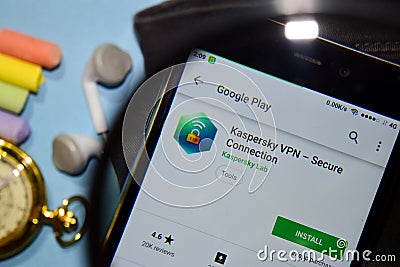 Kaspersky VPN - Secure Connection dev app with magnifying on Smartphone screen Editorial Stock Photo
