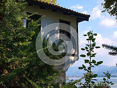 Kastoria, Greece, traditional architecture monastery building near the lake Orestiada Stock Photo