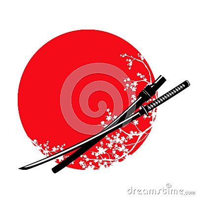 Katana sword and cherry tree blossom against red sun Vector Illustration