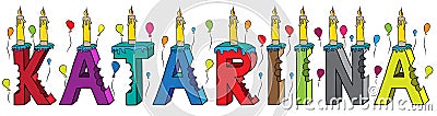 Katariina female first name bitten colorful 3d lettering birthday cake with candles and balloons Vector Illustration