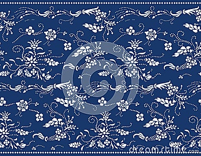 Katazome floral seamless border. Traditional Japanese technique using a katagami stencil. Oriental ornamental Shibori pattern. Vector Illustration