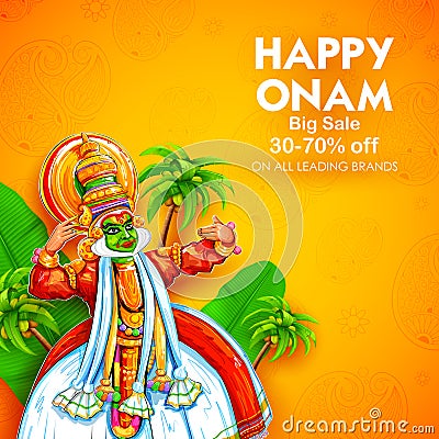 Kathakali dancer on advertisement and promotion background for Happy Onam festival of South India Kerala Vector Illustration