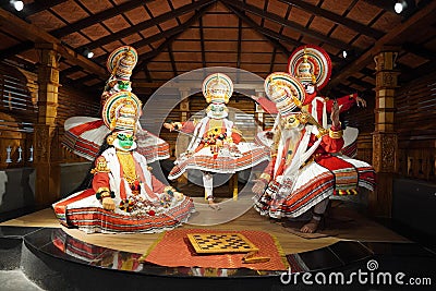 Kathakali performers during the traditional kathakali dance of Kerala`s state in India. It is a major form of classical Indian Editorial Stock Photo