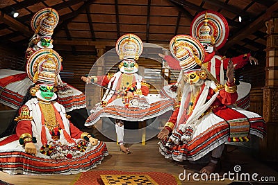 Kathakali performers during the traditional kathakali dance of Kerala`s state in India. It is a major form of classical Indian Stock Photo