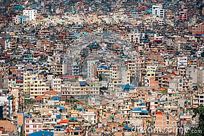 Kathmandu - the capital of Nepal bird eye view to the city center overloaded with poor quarters. Pollution, disorderly urban Stock Photo