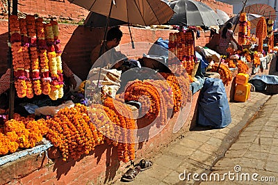Selling Flowers at Kathmandu Durbar Square Editorial Stock Photo
