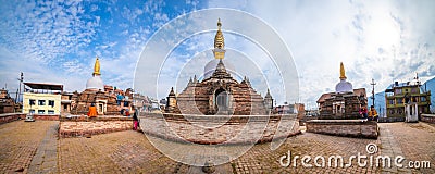 Kathmandu, Nepal - January 01 2020: Panoramic view of Sacred Gompa. Sculptures of Gods and Goddesses carved on the stone of Editorial Stock Photo