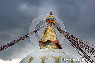 Kathmandu, Nepal, May, 2 2018. Portrait front view of Boudhanath Stupa. Editorial Stock Photo