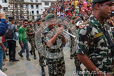 Nepalese military musicians perform at Indra Jatra in Kathmandu, Nepal Editorial Stock Photo