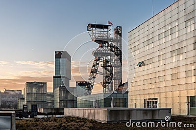 Katowice, Poland - December 25: .Silesian Museum in Katowice. Glass buildings and a skyscraper in the background. Afternoon sun Editorial Stock Photo