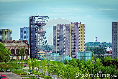 Cityscape of Katowice with old and modern buildings, coal mine shaft and Silesian Museum Complex Editorial Stock Photo